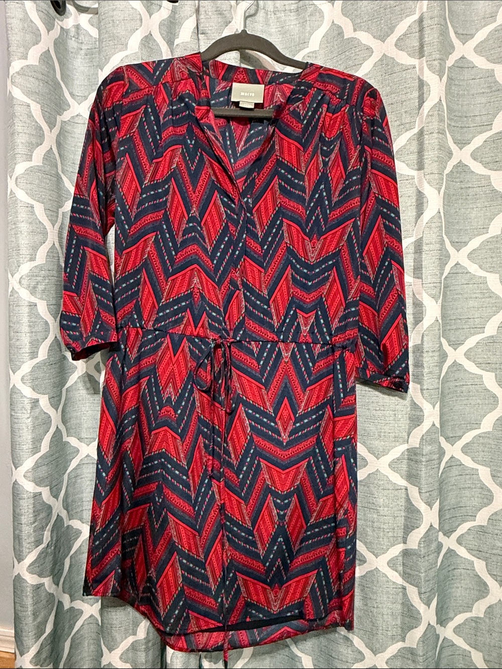 Maeve by Anthropology Navy and Red Chevron Tie-Waist Mini Dress